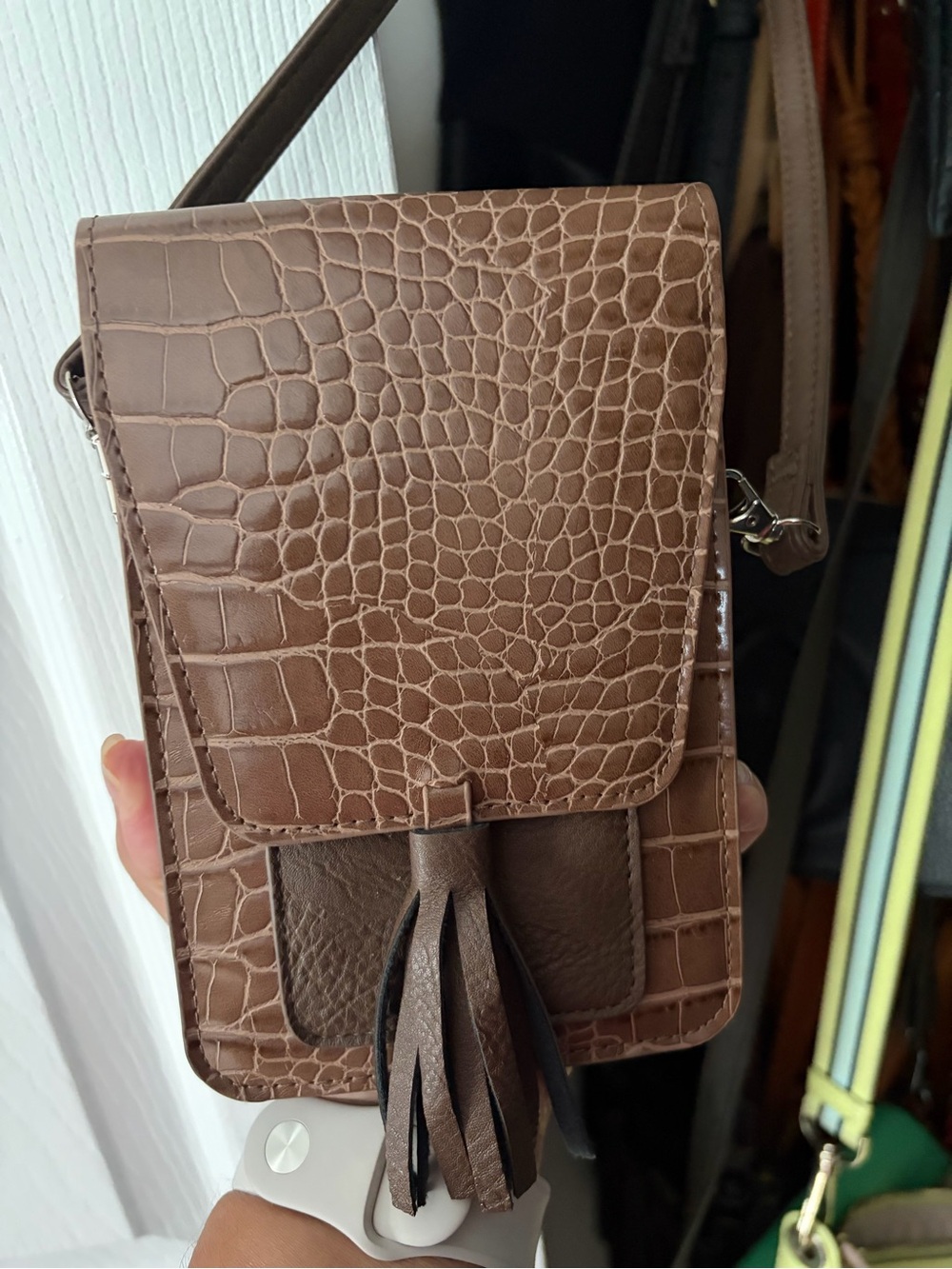 Brown Croc-Embossed Tassel Crossbody Phone Bag